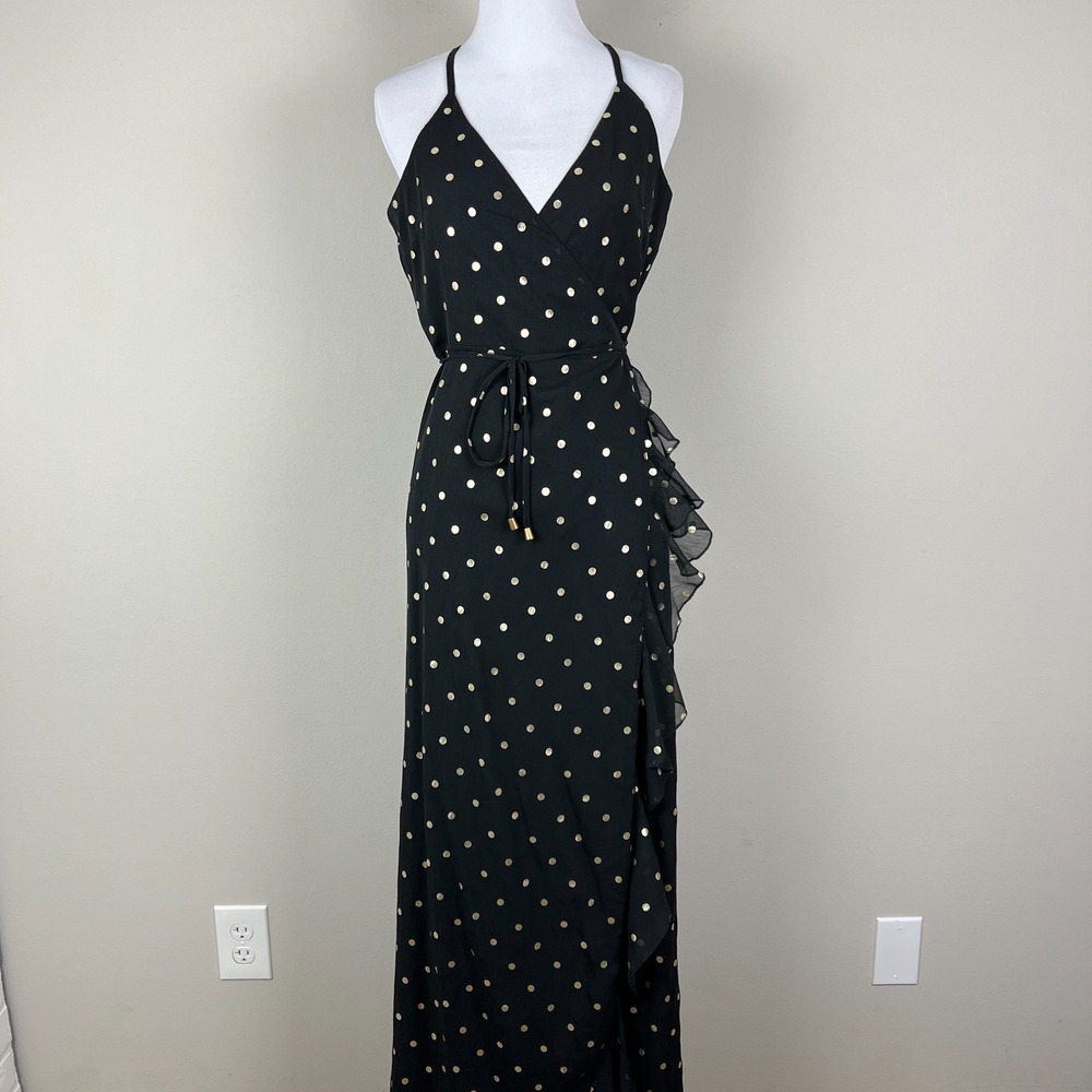 Lovers + Friends Revolve Bridget Maxi Dress Small Black Gold Polka Dot Ruffle S‎